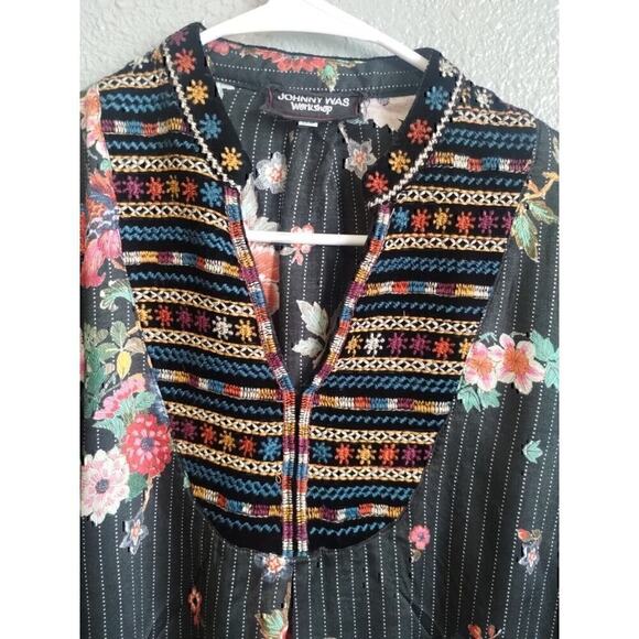 Johnny Was Biya 3J Workshop JWLA Stripe Velour Embroidered Blouse Tunic Top XS - Picture 4 of 9